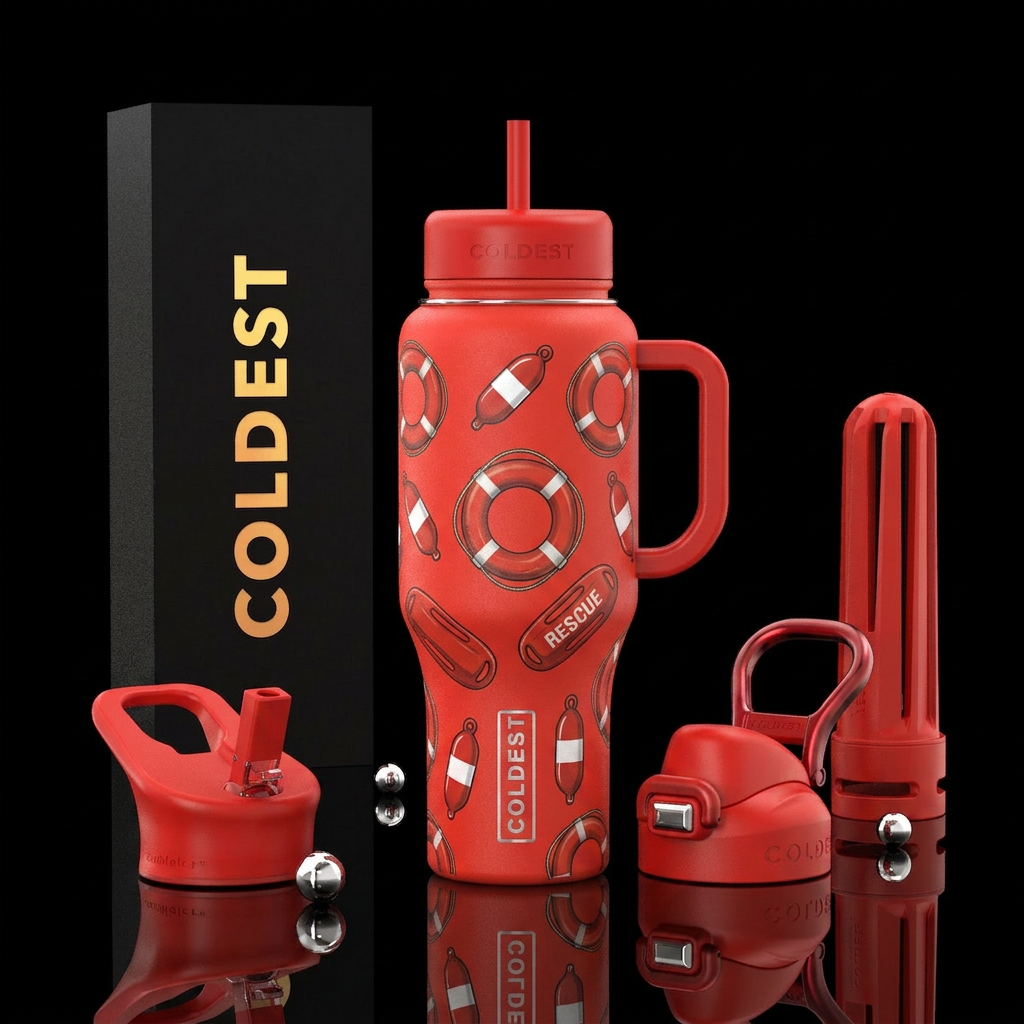 Red with life guard flotation devices water bottle design