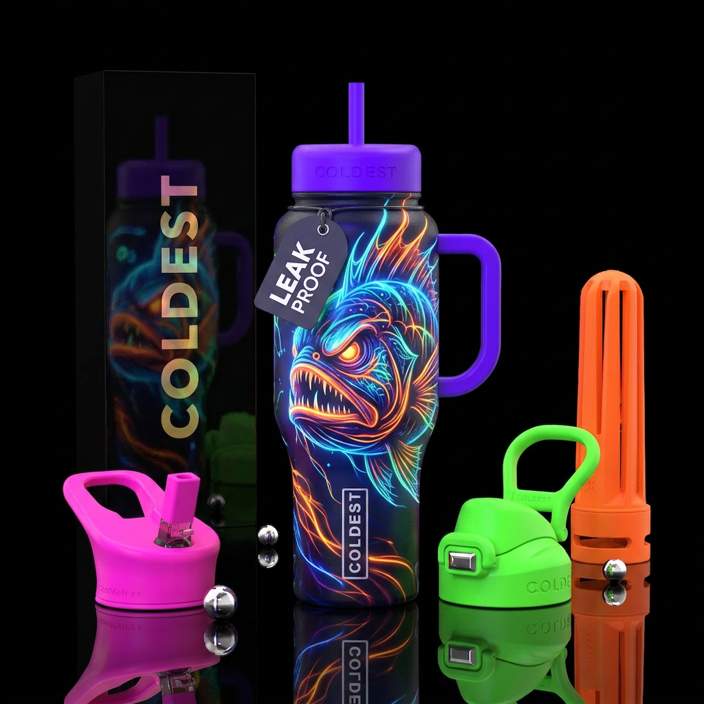 Angry fish neon colors water bottle design