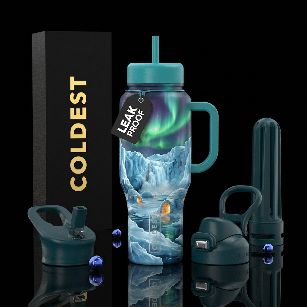 Glaciers, northern lights, igloos water bottle design