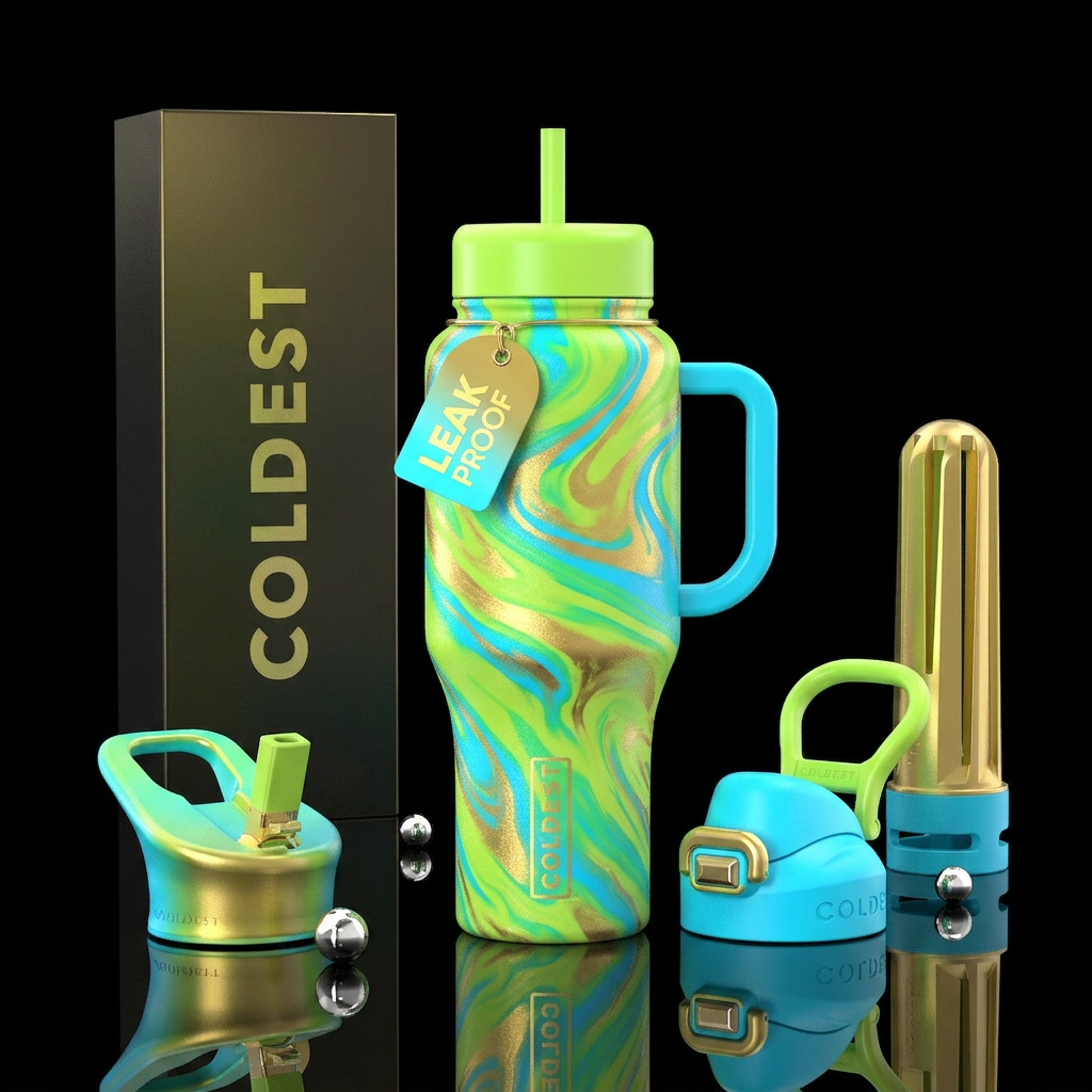 Lime green, neon blue and gold water bottle design
