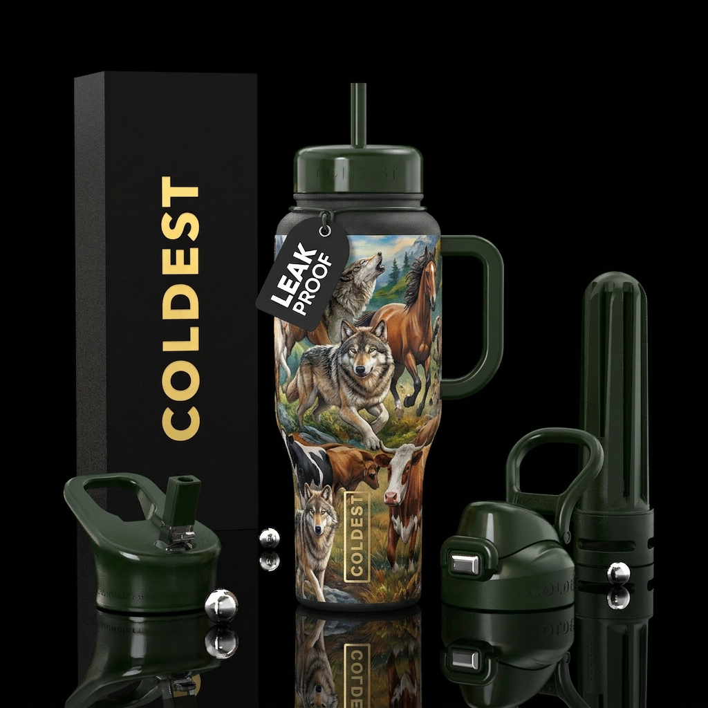 Wolves, horses and cows water bottle design