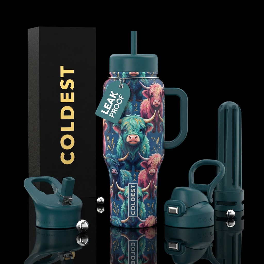 Cute fluffy highland cows water bottle design