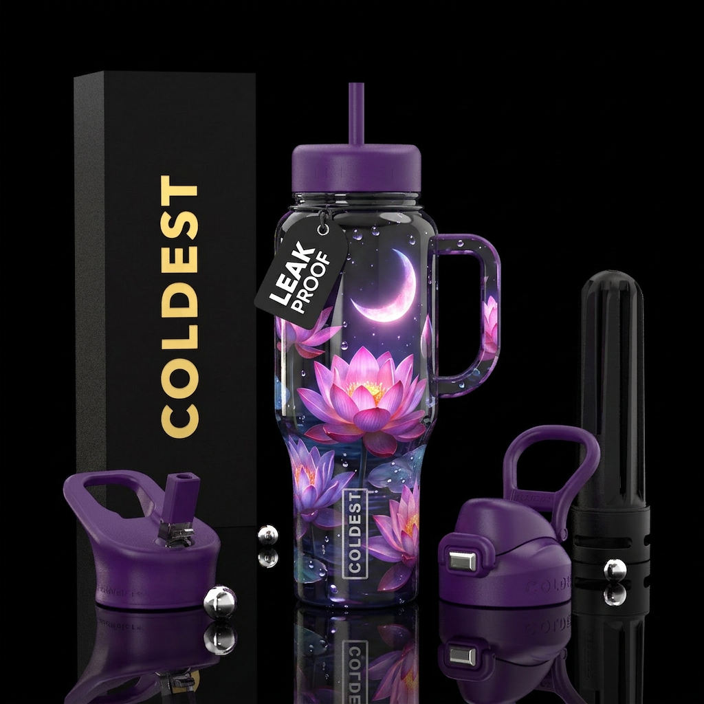 Lotus, with moon and water droplets water bottle design