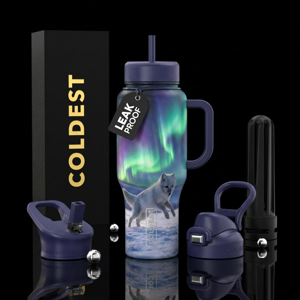 Artic fox playing under northern lights water bottle design