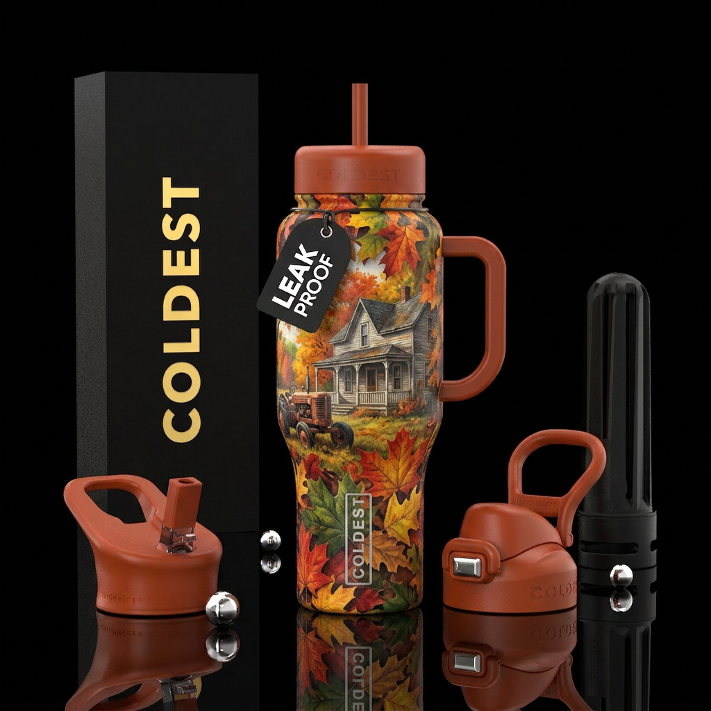Fall leaves, old farm house and tractor water bottle design