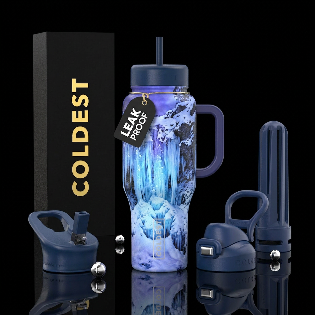 Waterfall in the winter under moonlight water bottle design