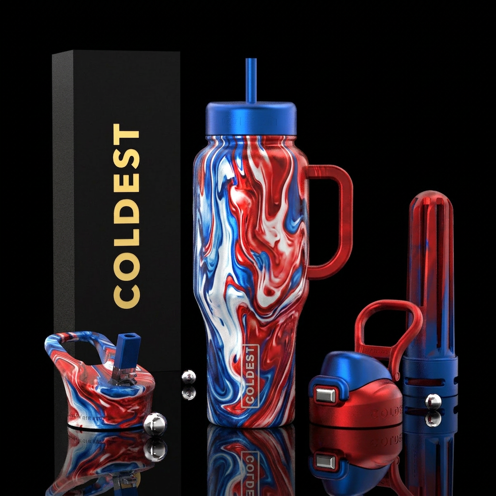 Molten red, white and blue water bottle design