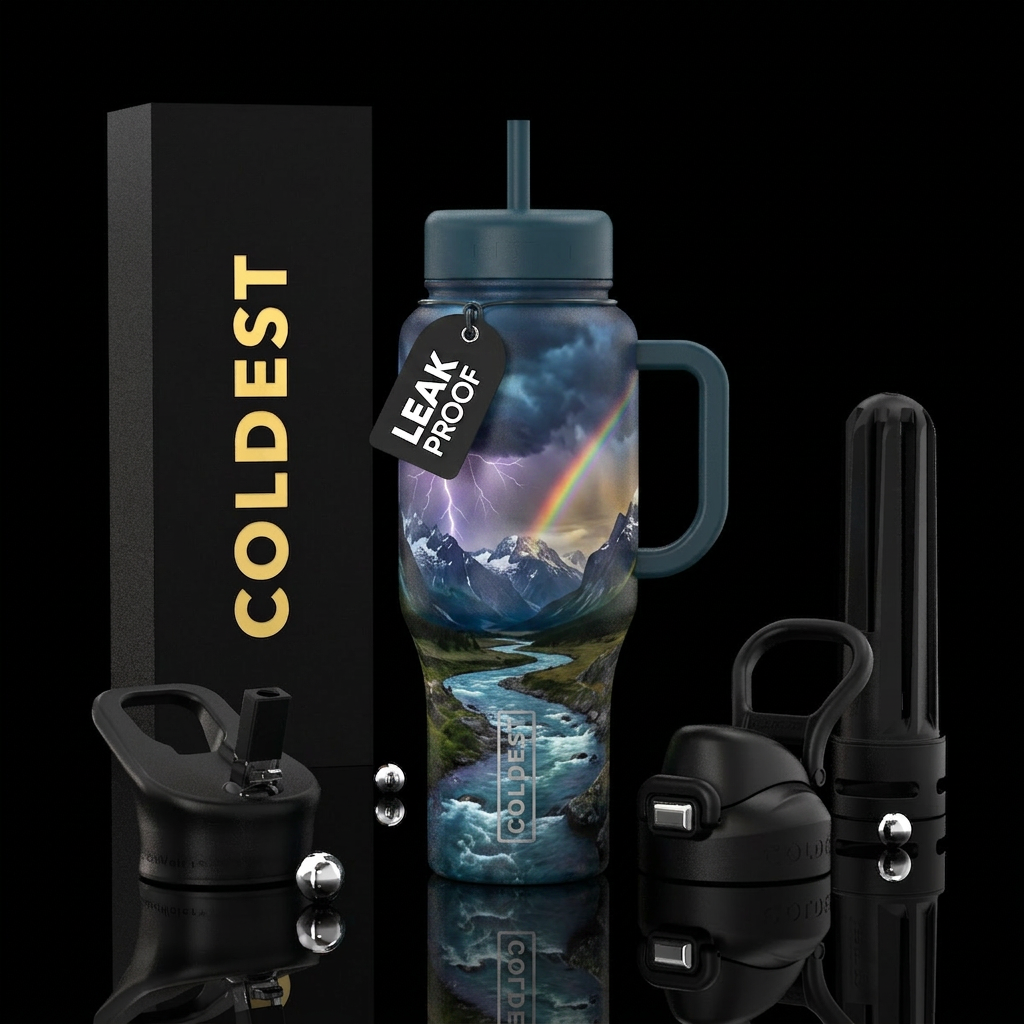 River through mountains with storm and rainbow water bottle design