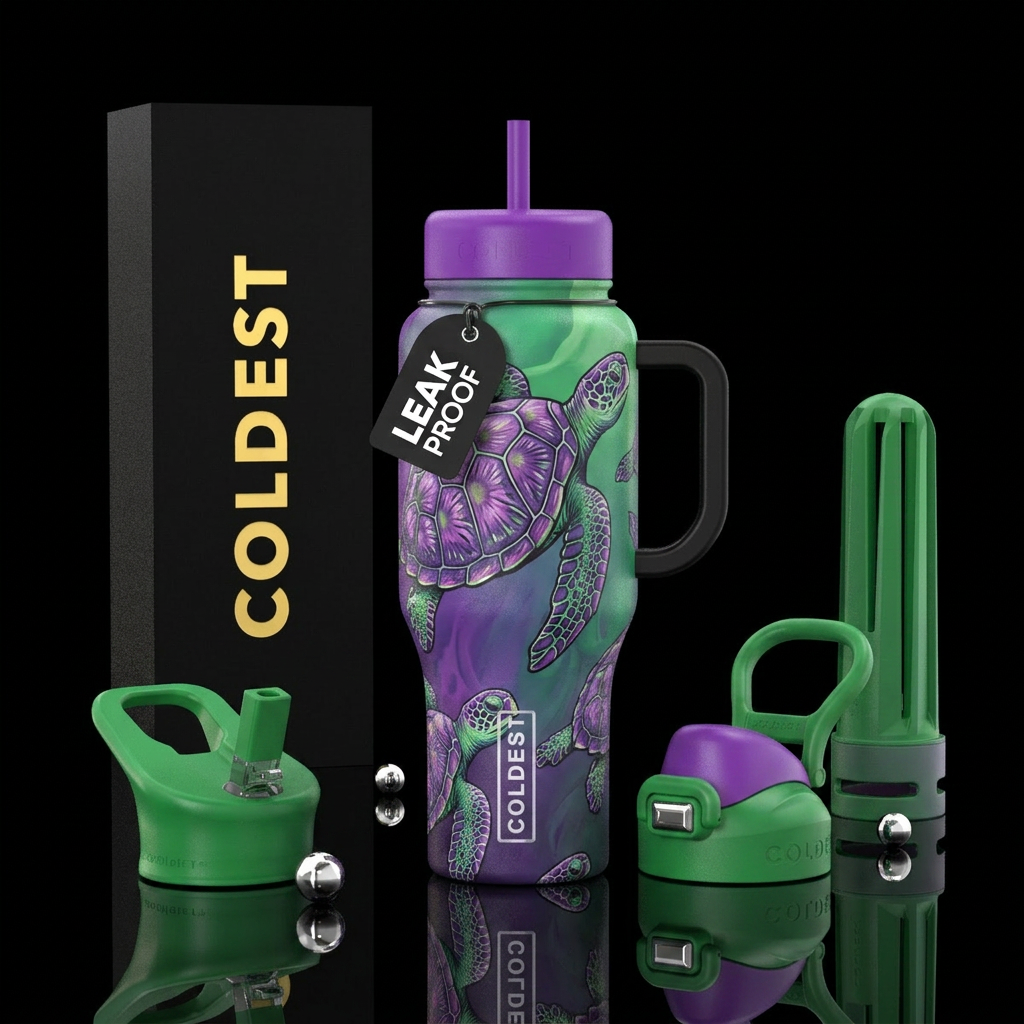 turtles with purples and greens water bottle design