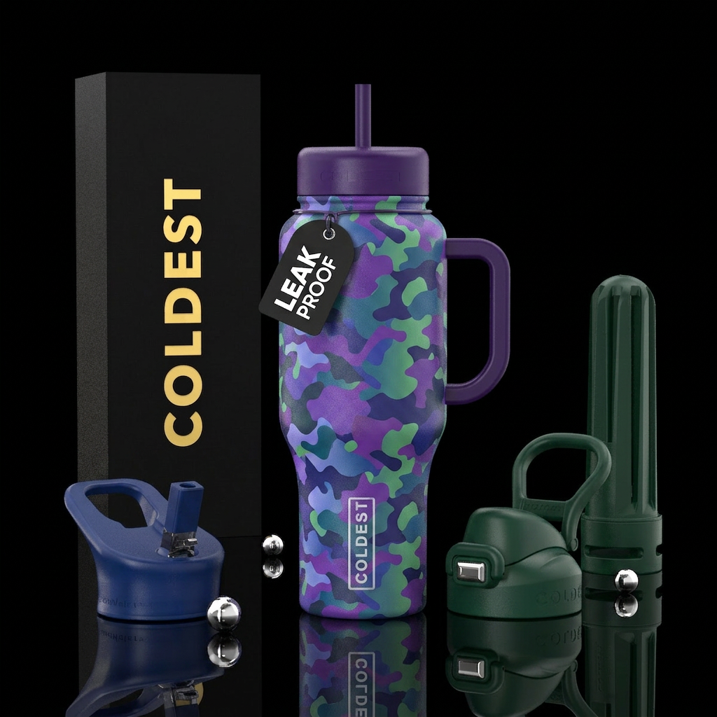 purple, blue and green camoflage water bottle design