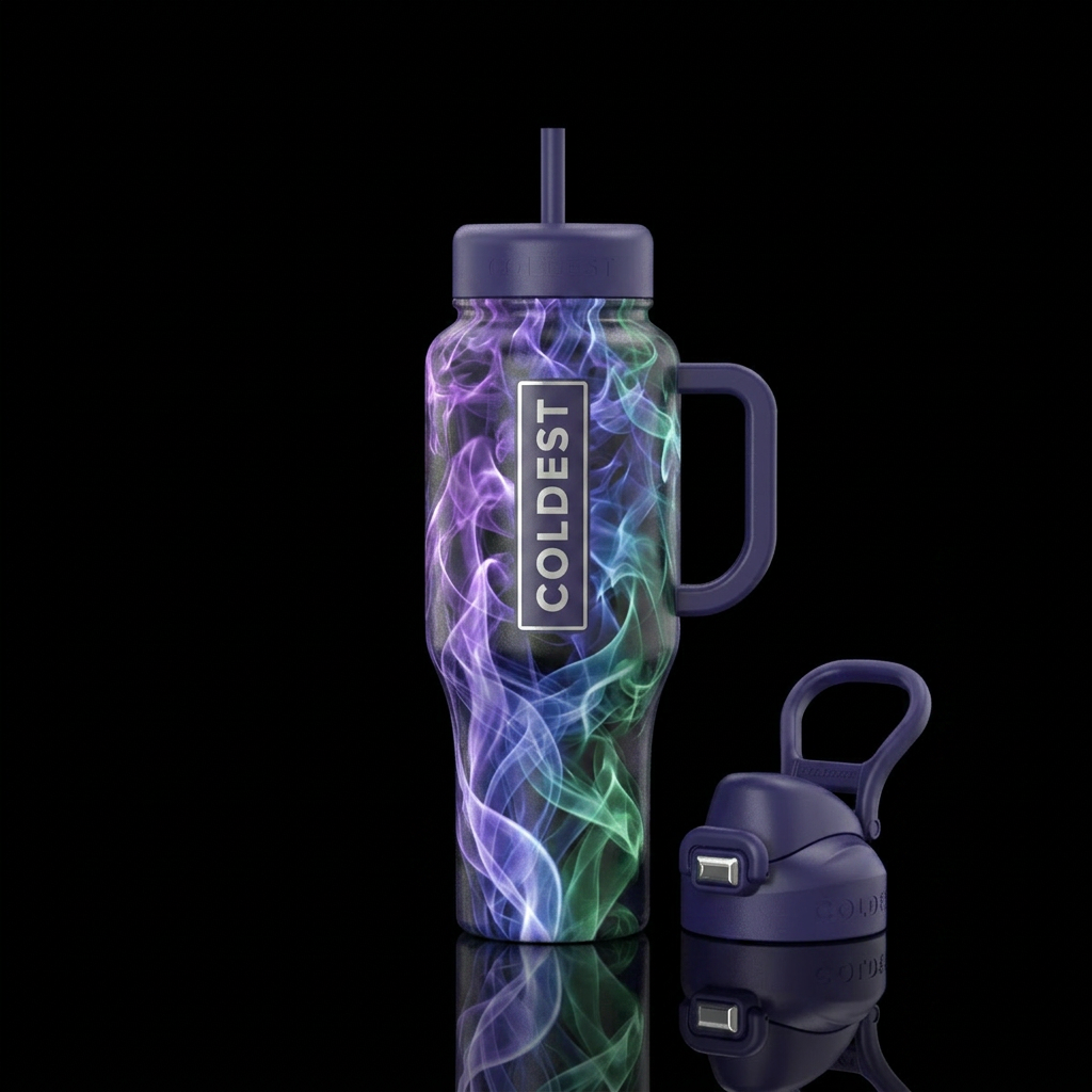 purple, blue and green smoke water bottle design