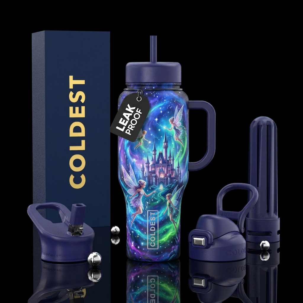 purples greens and blues, faries and magic and a c... water bottle design