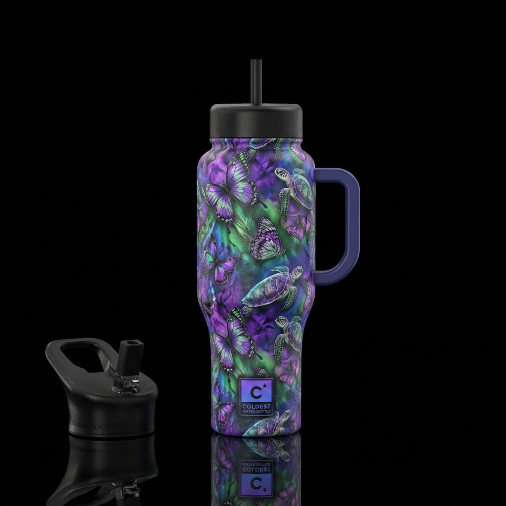 purples, greens, blues, butterflies and turtles water bottle design