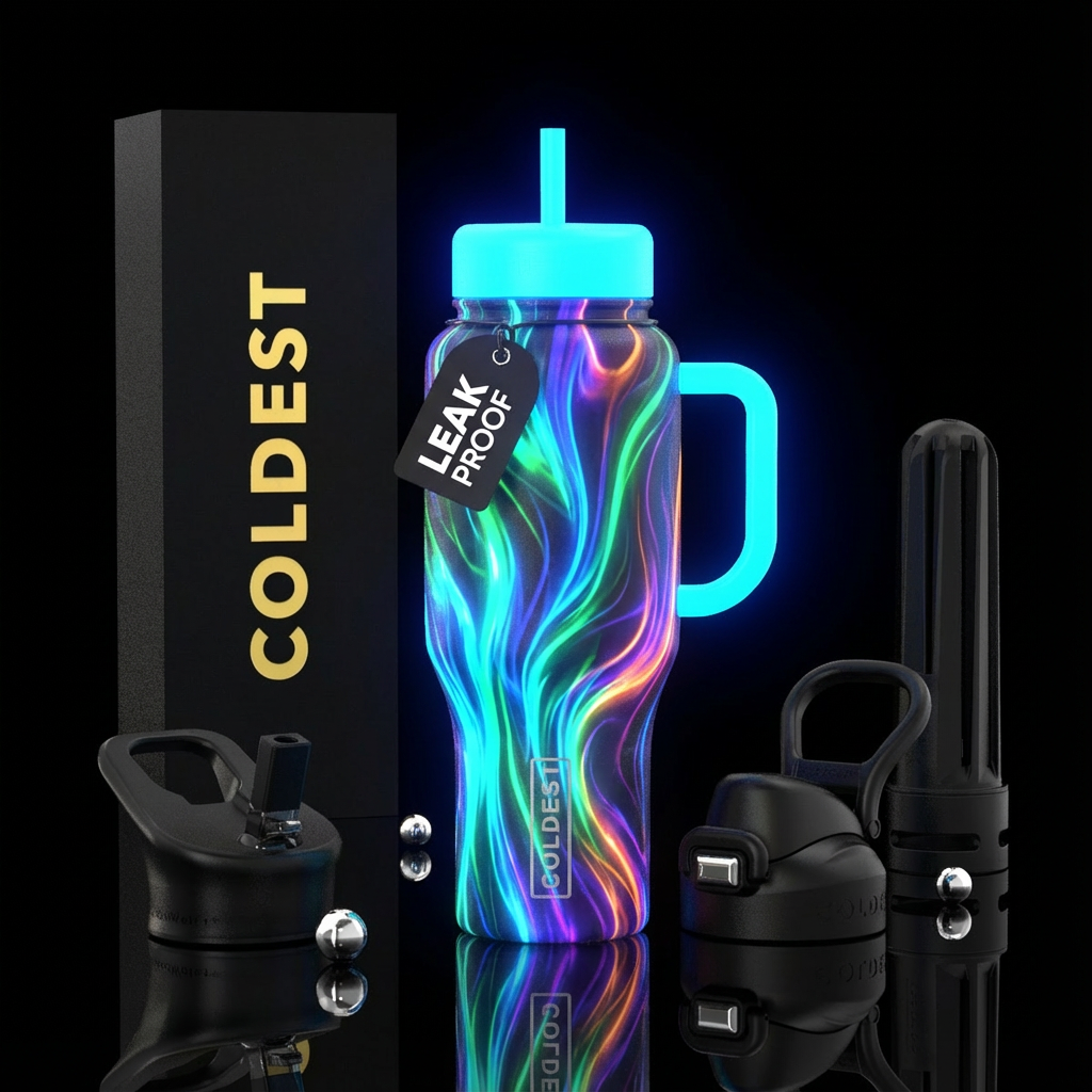 Colorful, glowing water bottle design