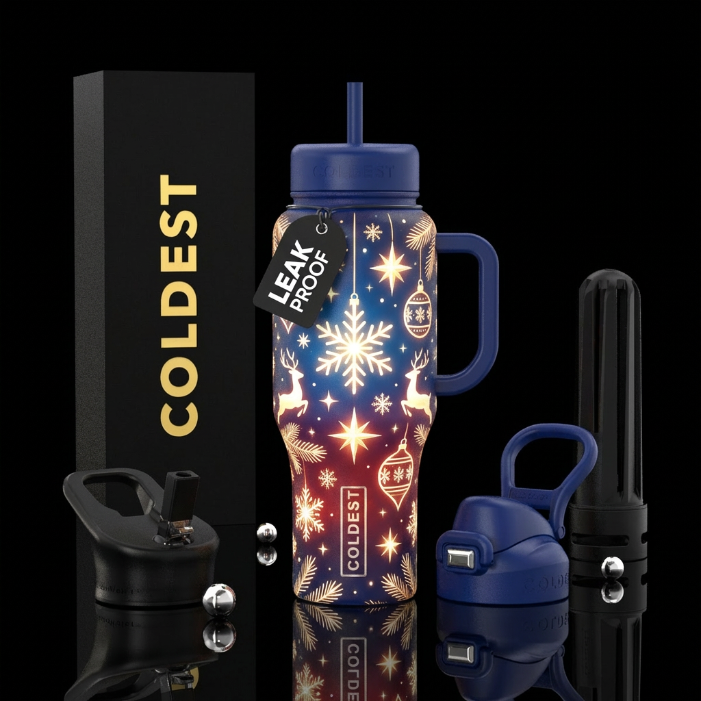 Glowimg star, winter, snow,  christmas water bottle design