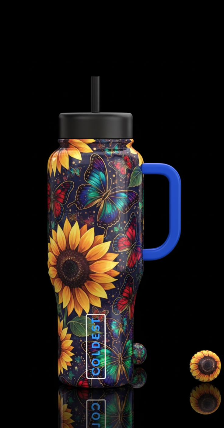 Sunflowers and butterflies water bottle design