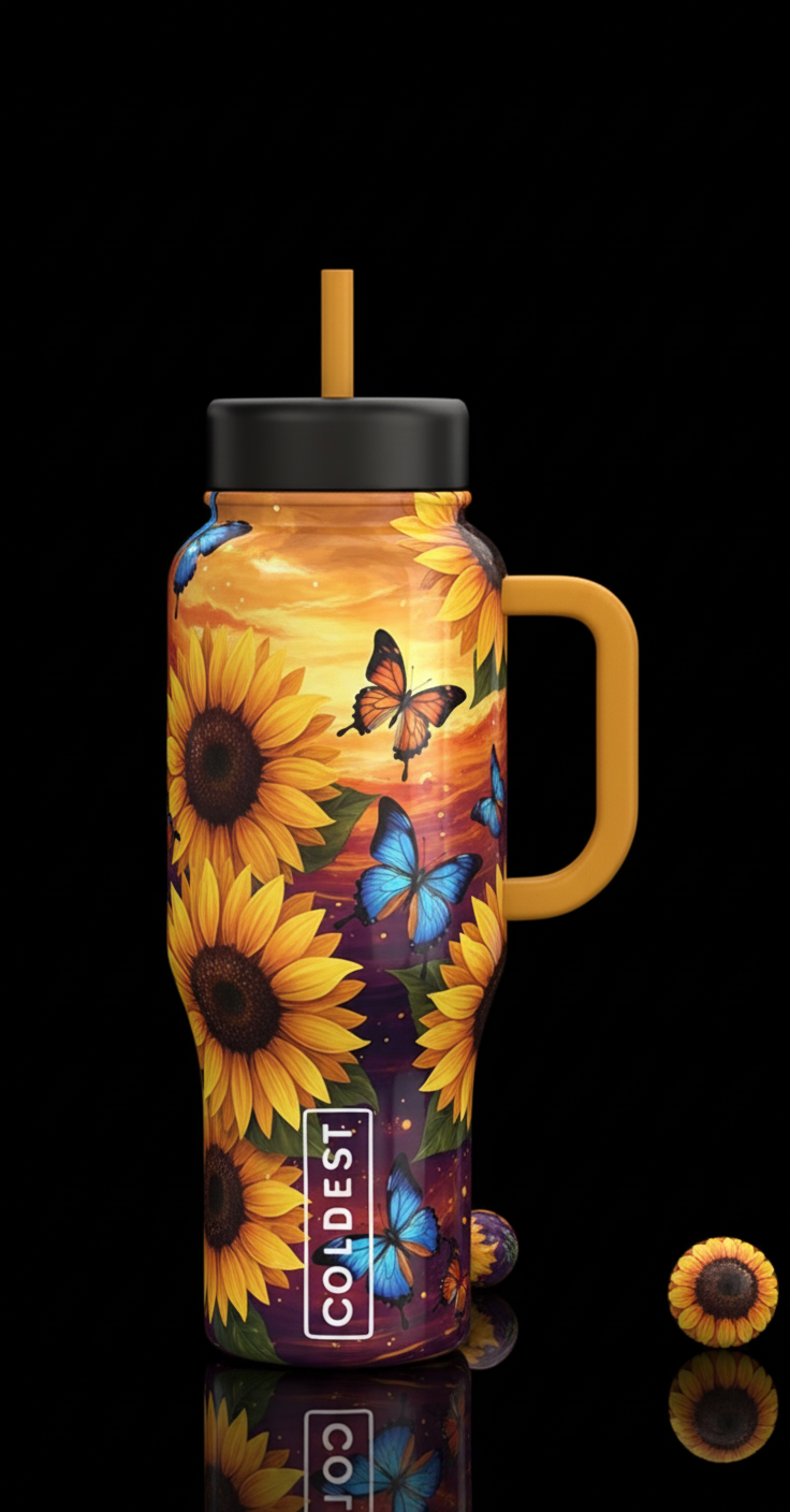 Sunflowers and butterflies water bottle design