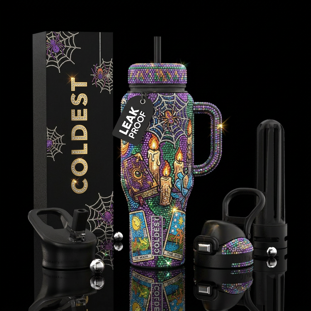 Diamond art style, whitchy vibes, spider webs, can... water bottle design