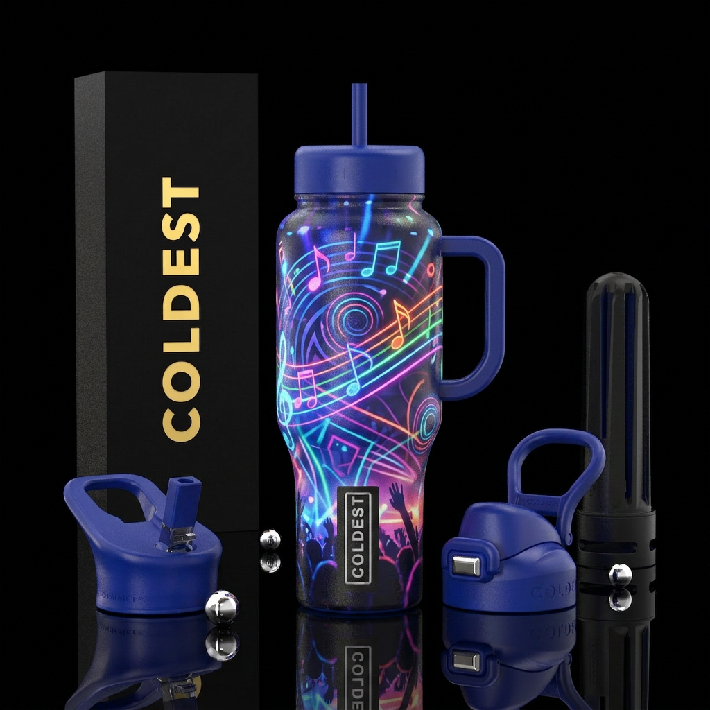 Music notes, neon colors, concert, flashing lights water bottle design