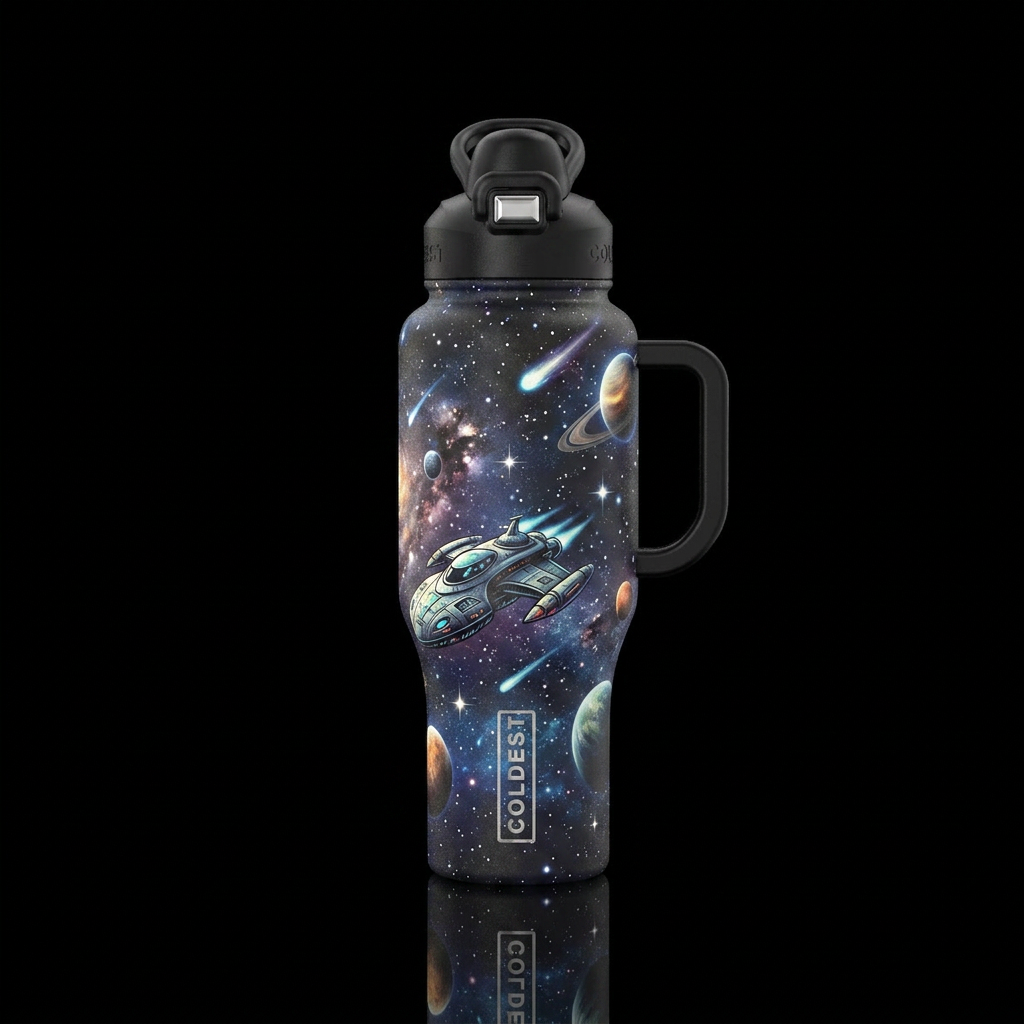 Space vibes, solar system. Stars, alien ship, come... water bottle design