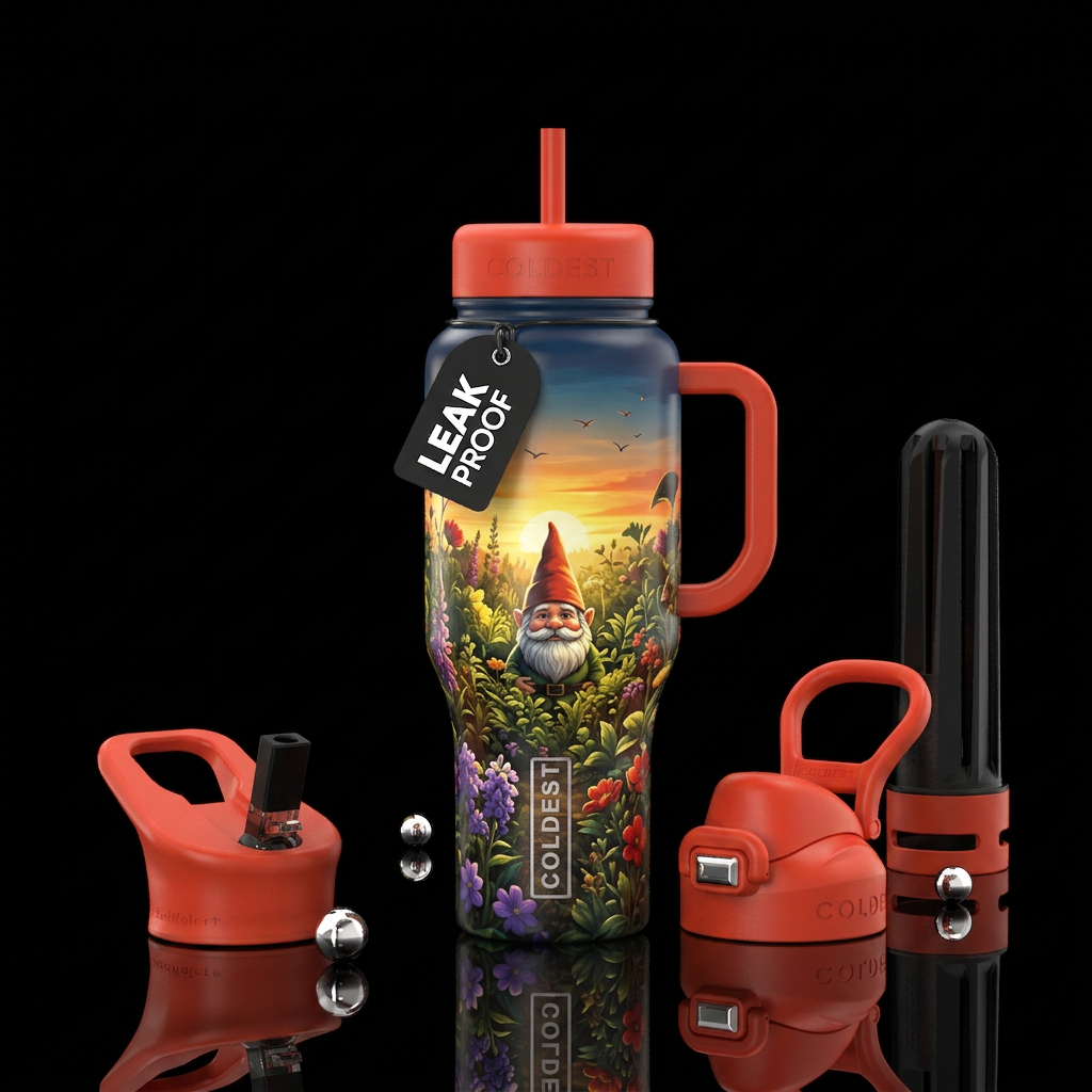 Garden gnome, plants, sunrise water bottle design