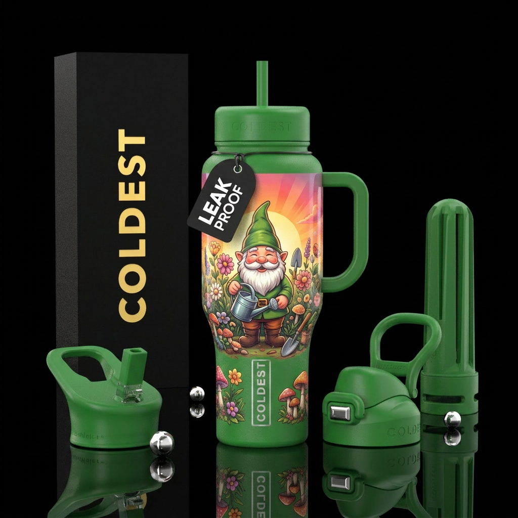 Garden gnome, plants, sunrise water bottle design