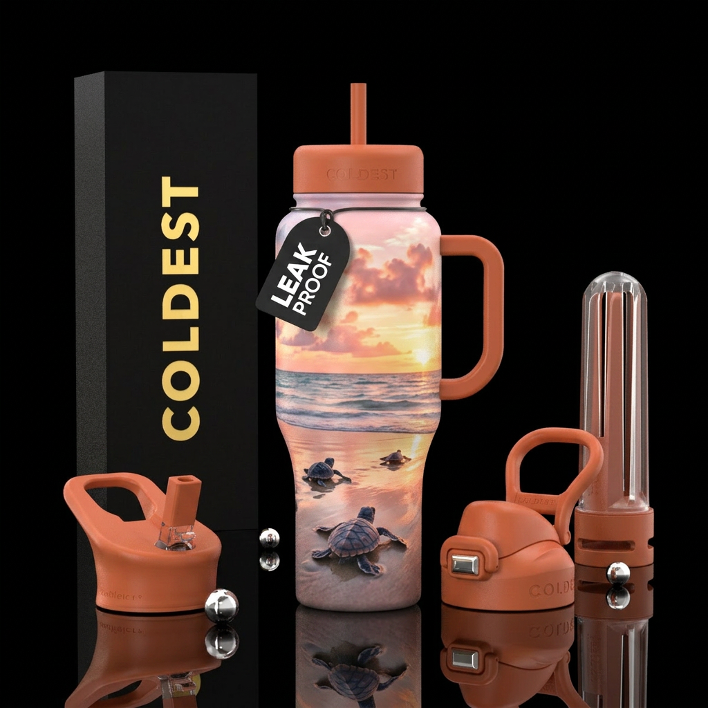 Sunset beach turtles clouds water bottle design