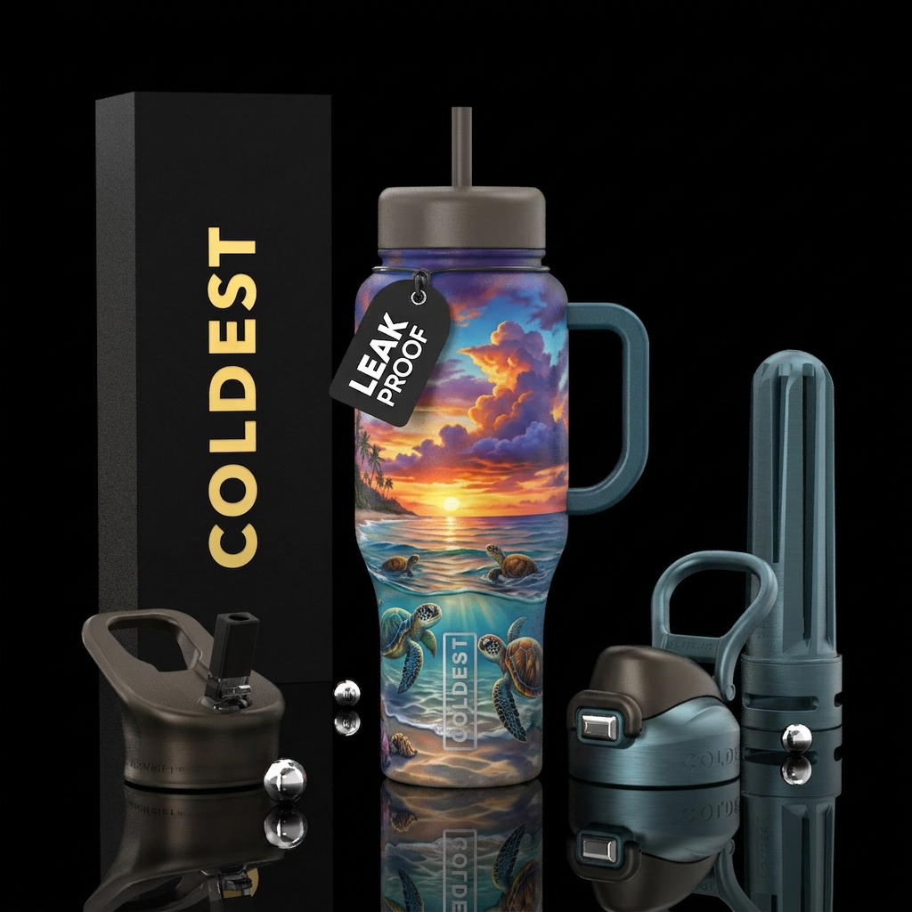Sunset beach turtles clouds water bottle design