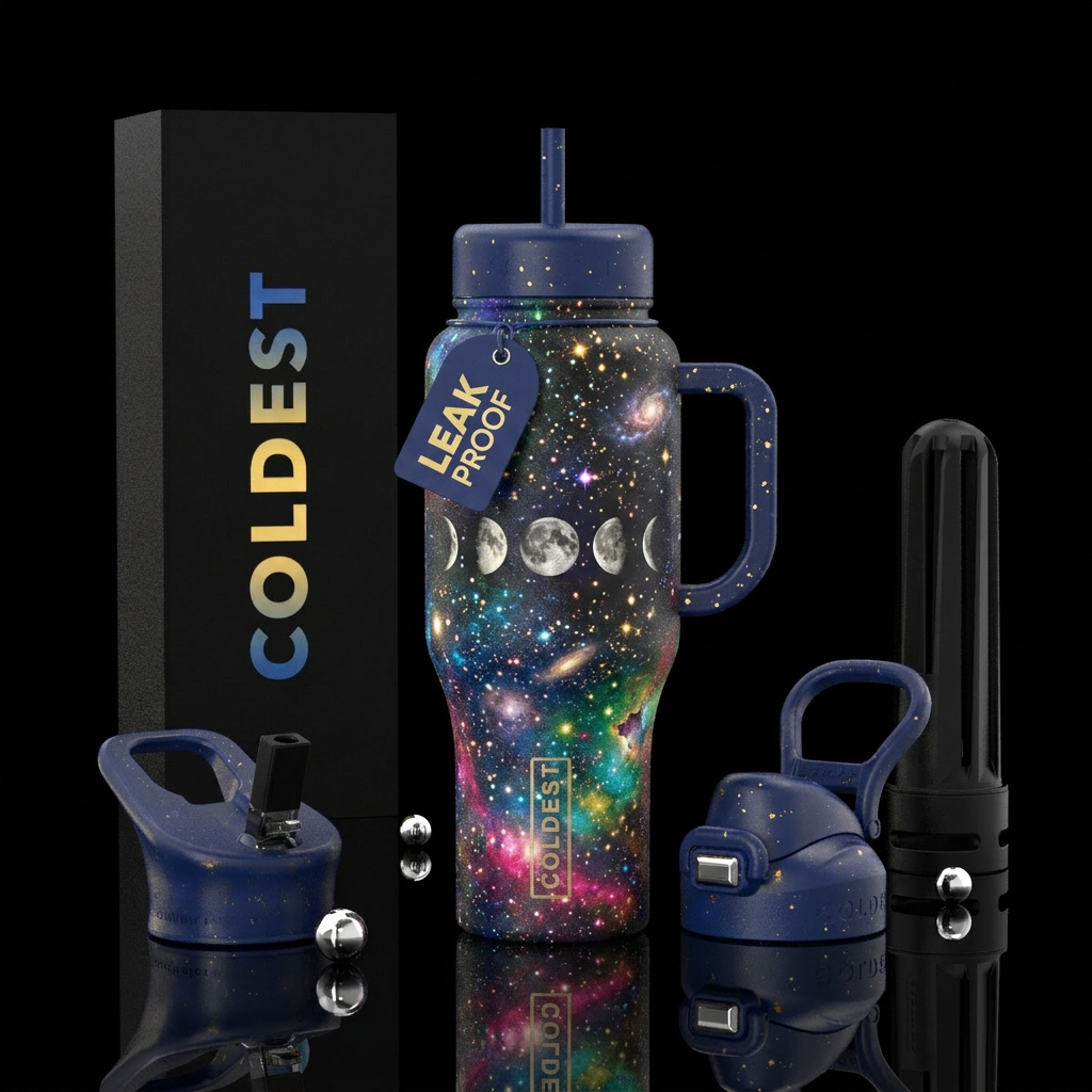 energy, celestial, stars, moon phases water bottle design