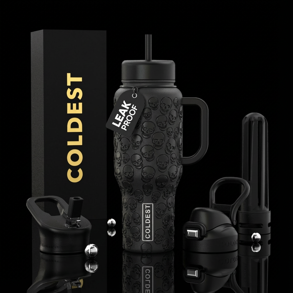 Black embossed small skulls on black bottle water bottle design