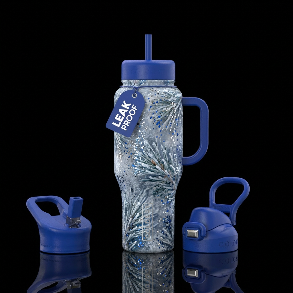 Microscope close Frosty pine needles with speckled... water bottle design