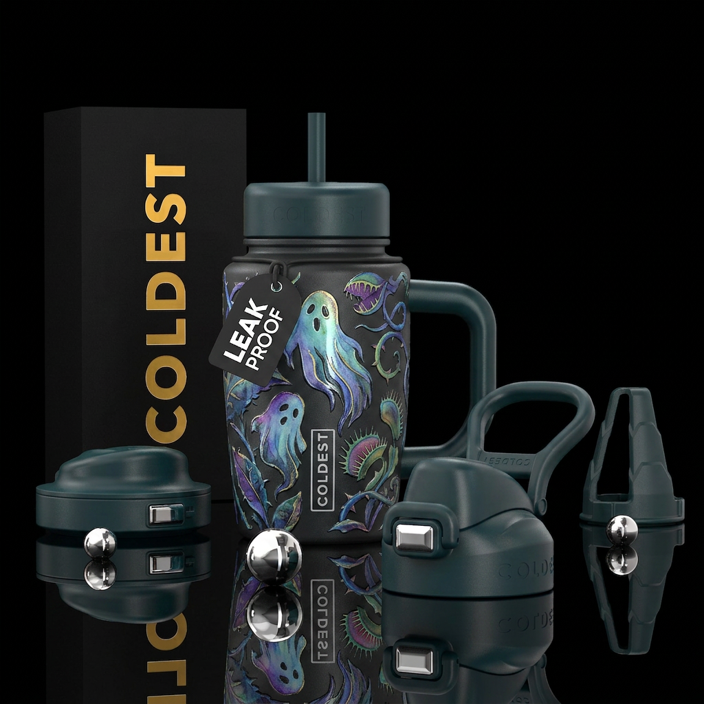 Dark charcoal Black bottle with watercolored embos... water bottle design