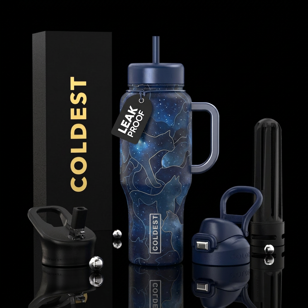 Midnight blue sky with stars background with a Fin... water bottle design
