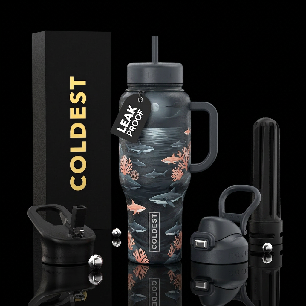 Moonlit Ocean (a dark charcoal/navy backdrop with ... water bottle design