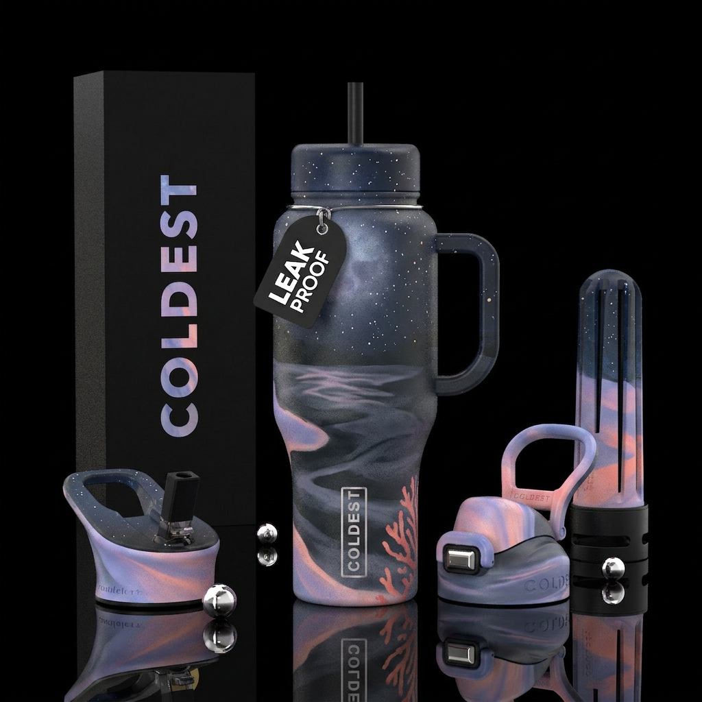 Moonlit Ocean (a dark charcoal/navy backdrop with ... water bottle design
