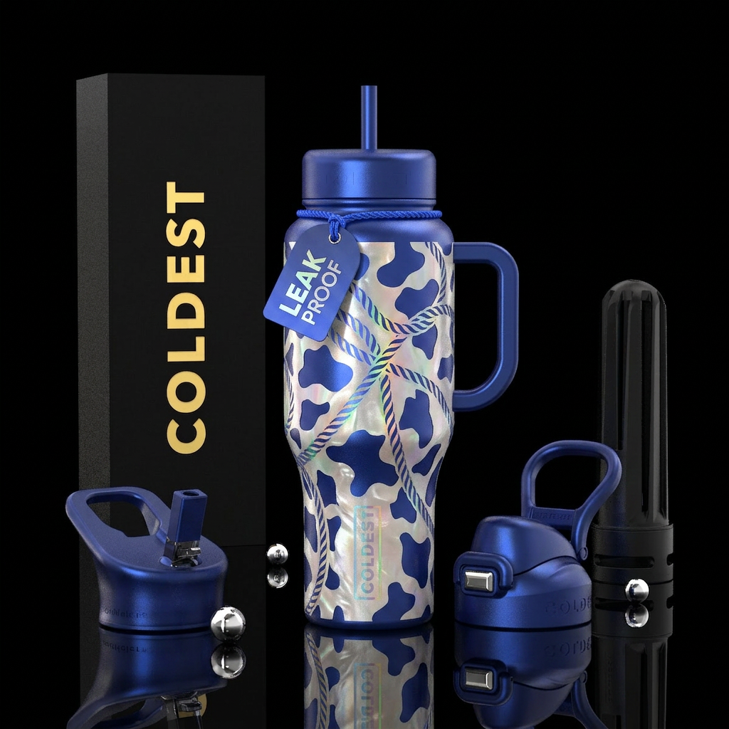 Pearlescent and royal blue cow hide shape  with st... water bottle design