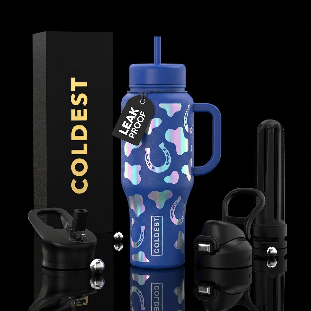 Pearlescent and royal blue cow hide shape  with st... water bottle design