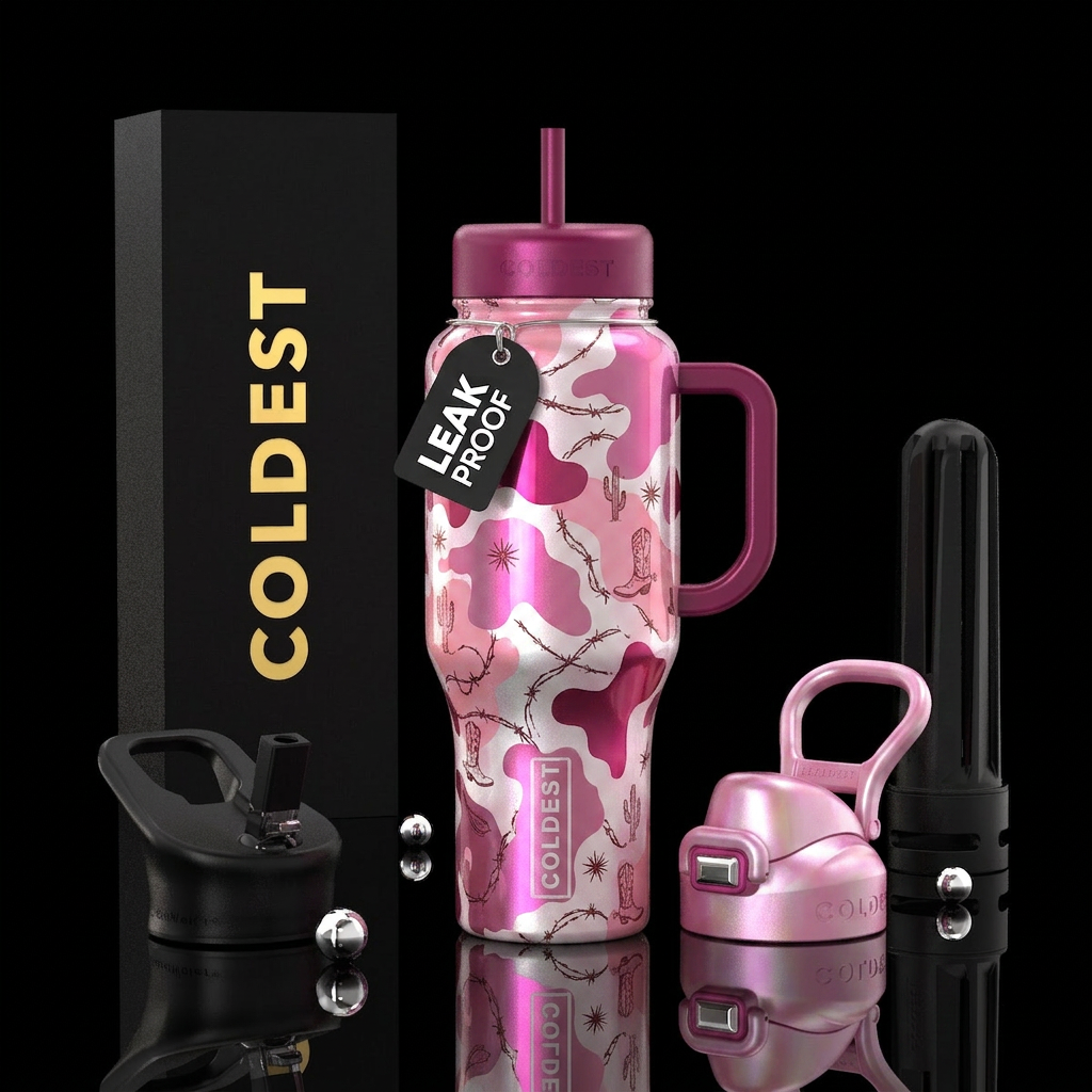 Glossy pink, Magenta pink pearlescent and white pe... water bottle design