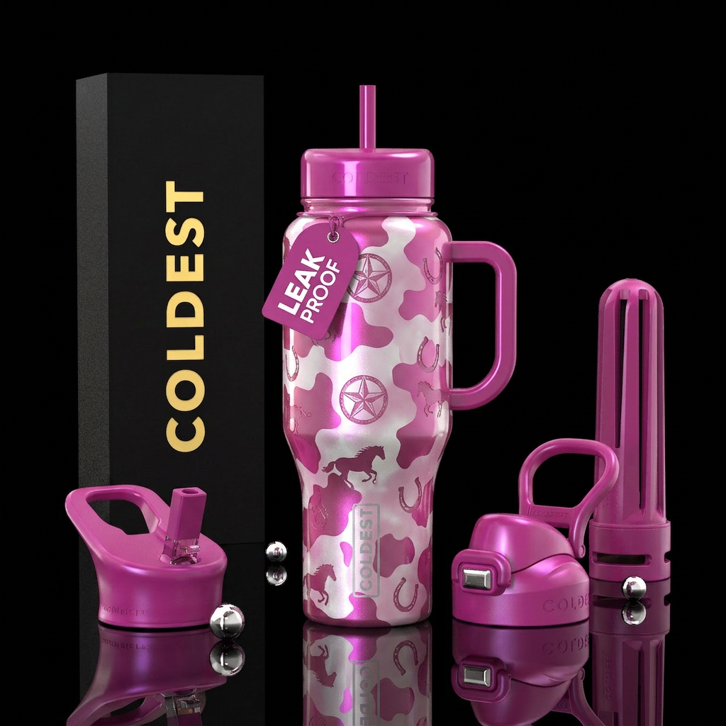 Glossy pink, Magenta pink pearlescent and white pe... water bottle design