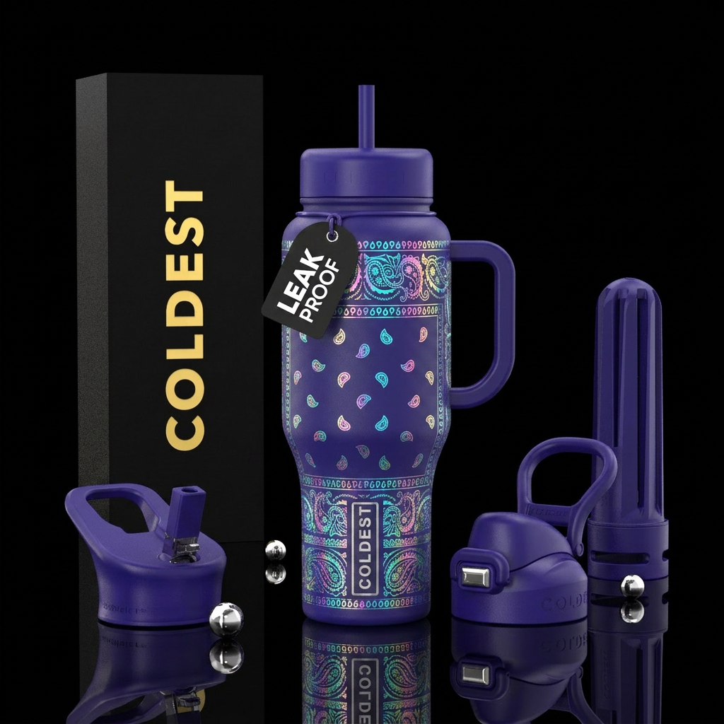 thick holographic bandana on a royal purple water bottle design