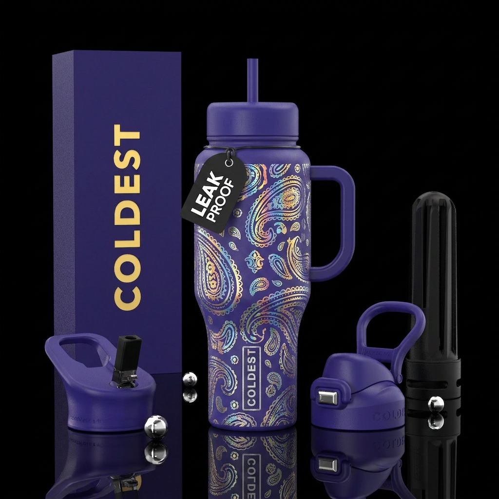 thick holographic bandana on a royal purple water bottle design