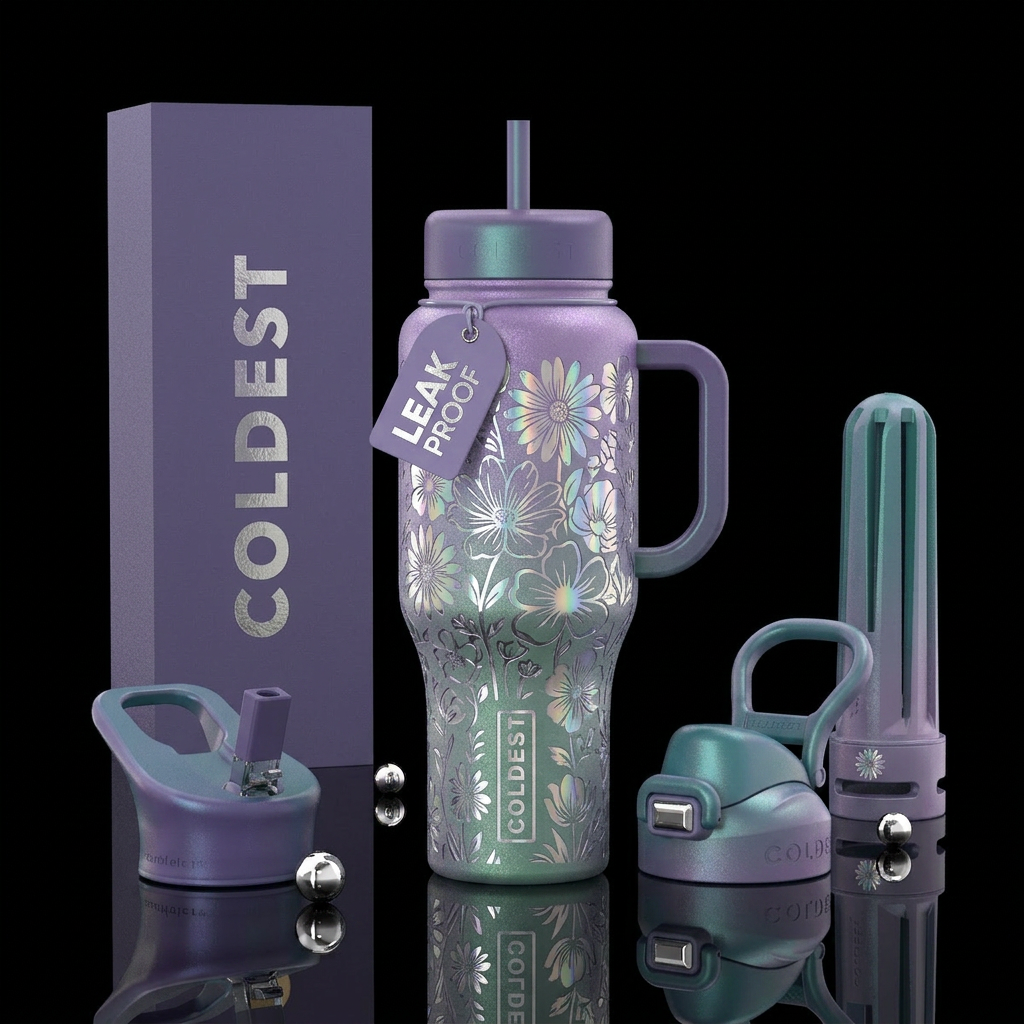 feature an intricate, laser-engraved flowers of di... water bottle design