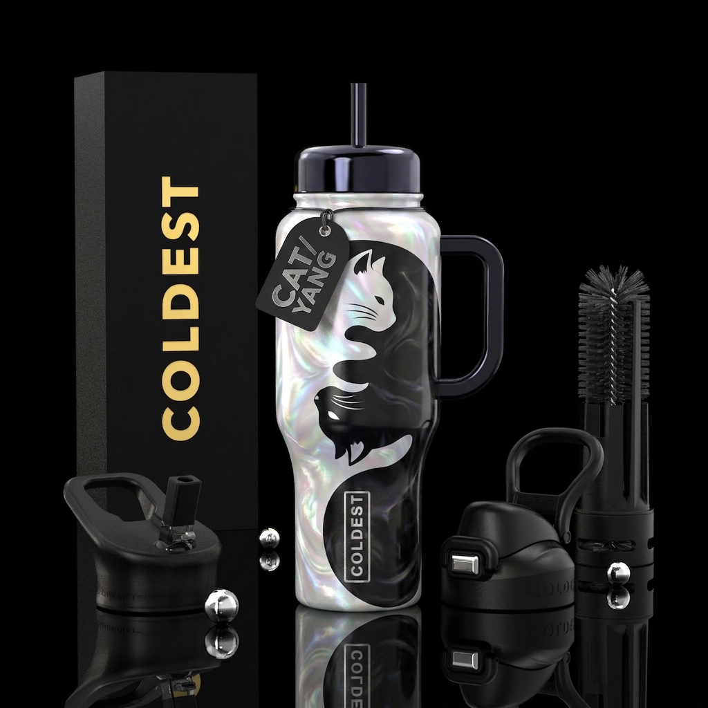 Black and white pearlescent yin and yang design fe... water bottle design