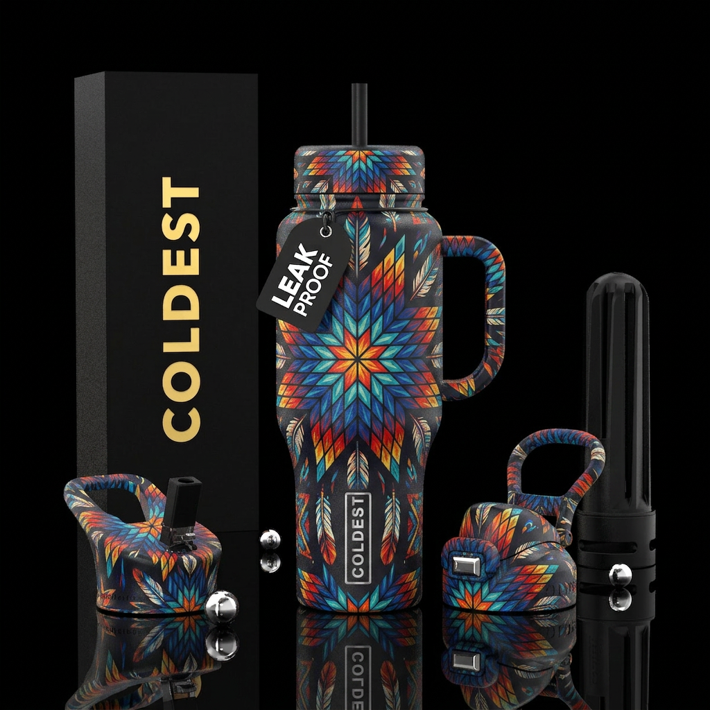 Native american line star quilt with feathers water bottle design