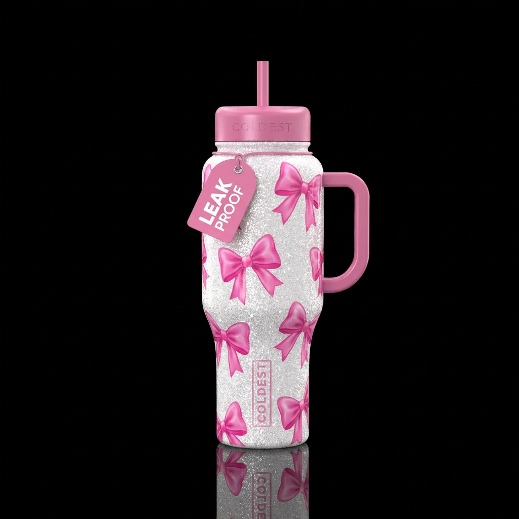 Pink bows, glitter white background, pink lid and ... water bottle design