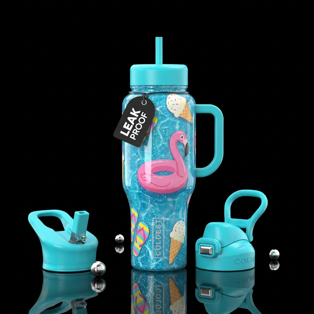 Summer themed, pool, with pink flamingo floaty, wa... water bottle design