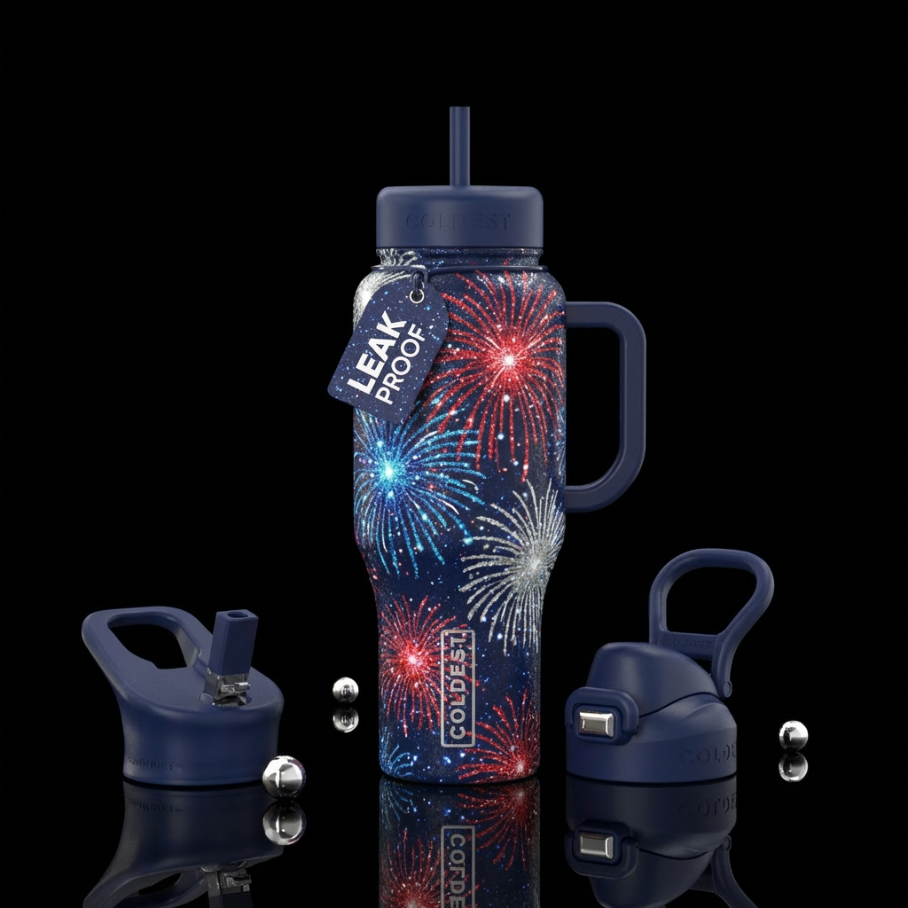 Red white and blue fireworks, 4th of July themed, ... water bottle design