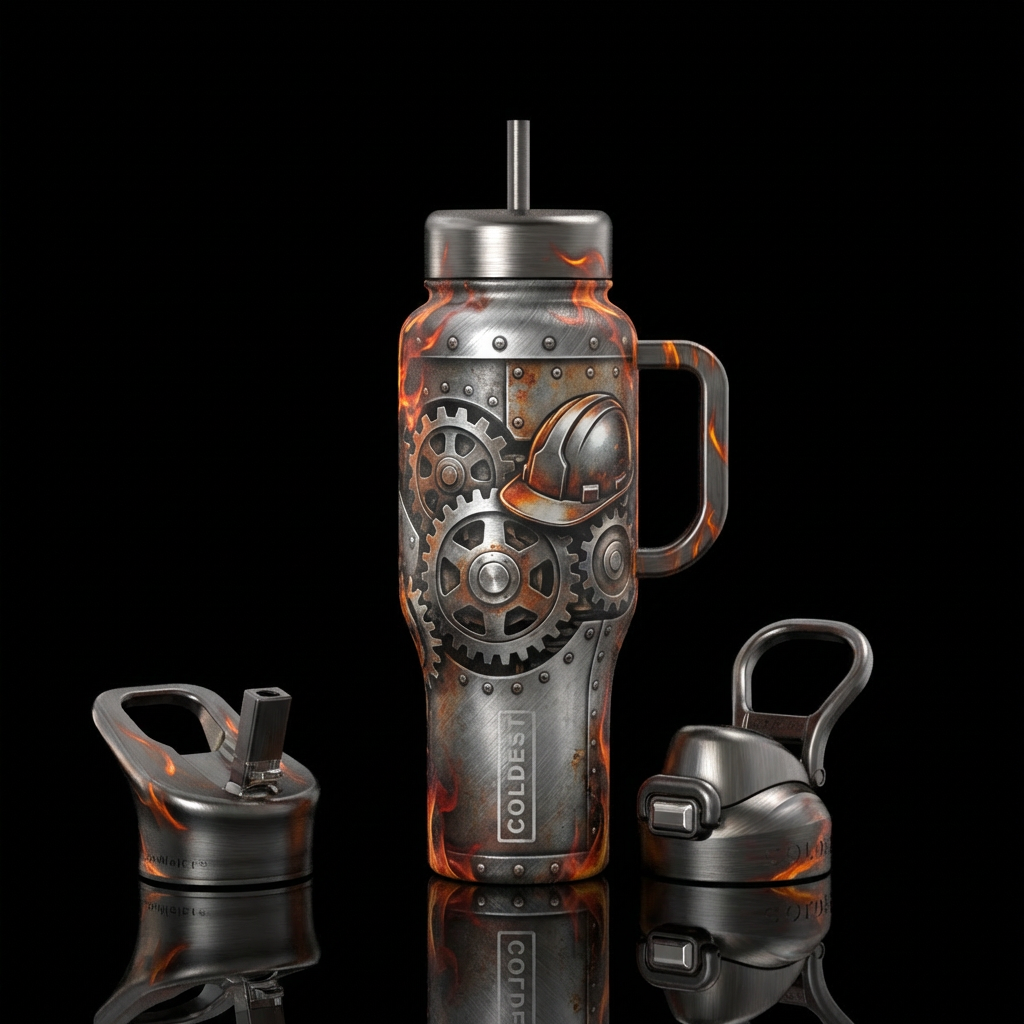 Industrial manufacturing, subtle flames, steel, ha... water bottle design