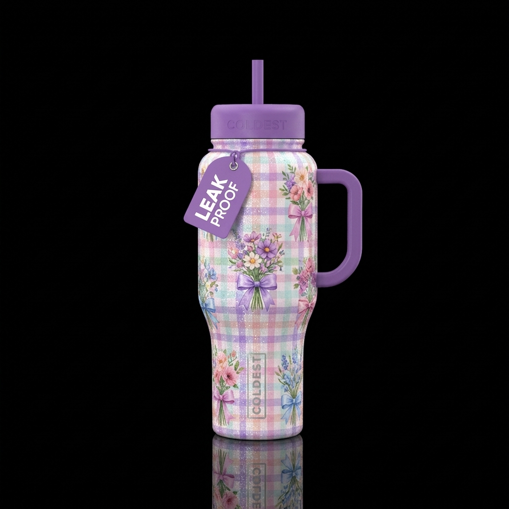 Flowers tied with purple, pink, blue bows, backgro... water bottle design