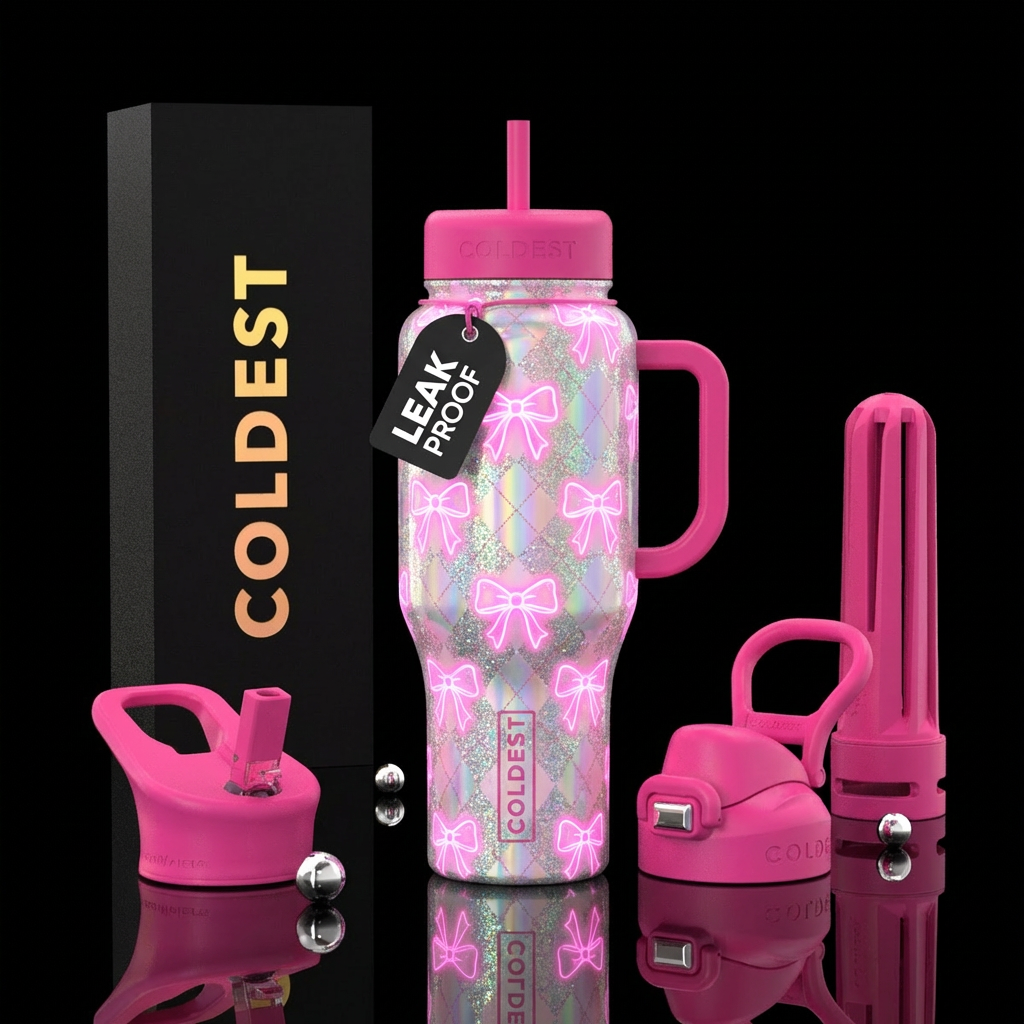 Pink bows that glow in the dark, iridescent glitte... water bottle design
